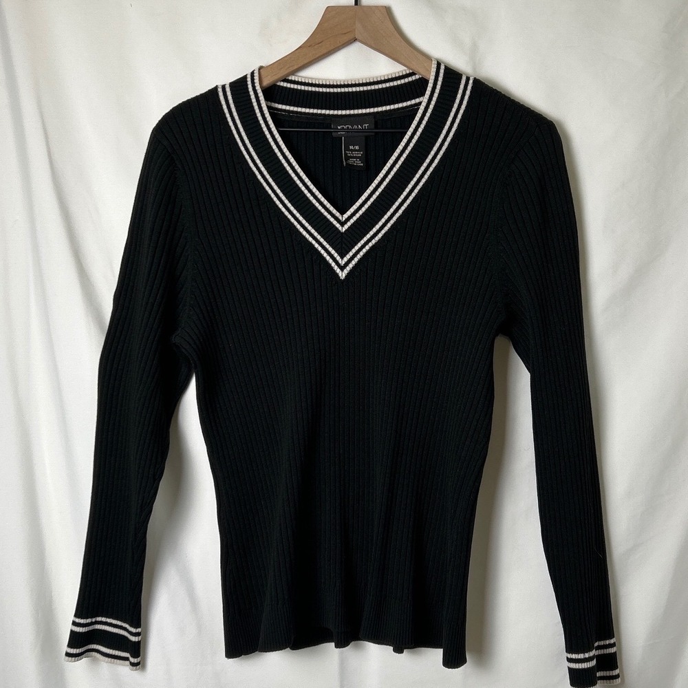 Lane Bryant Womans Ribbed V-Neck Sweater Black White Size 14/16 Preppy Classic